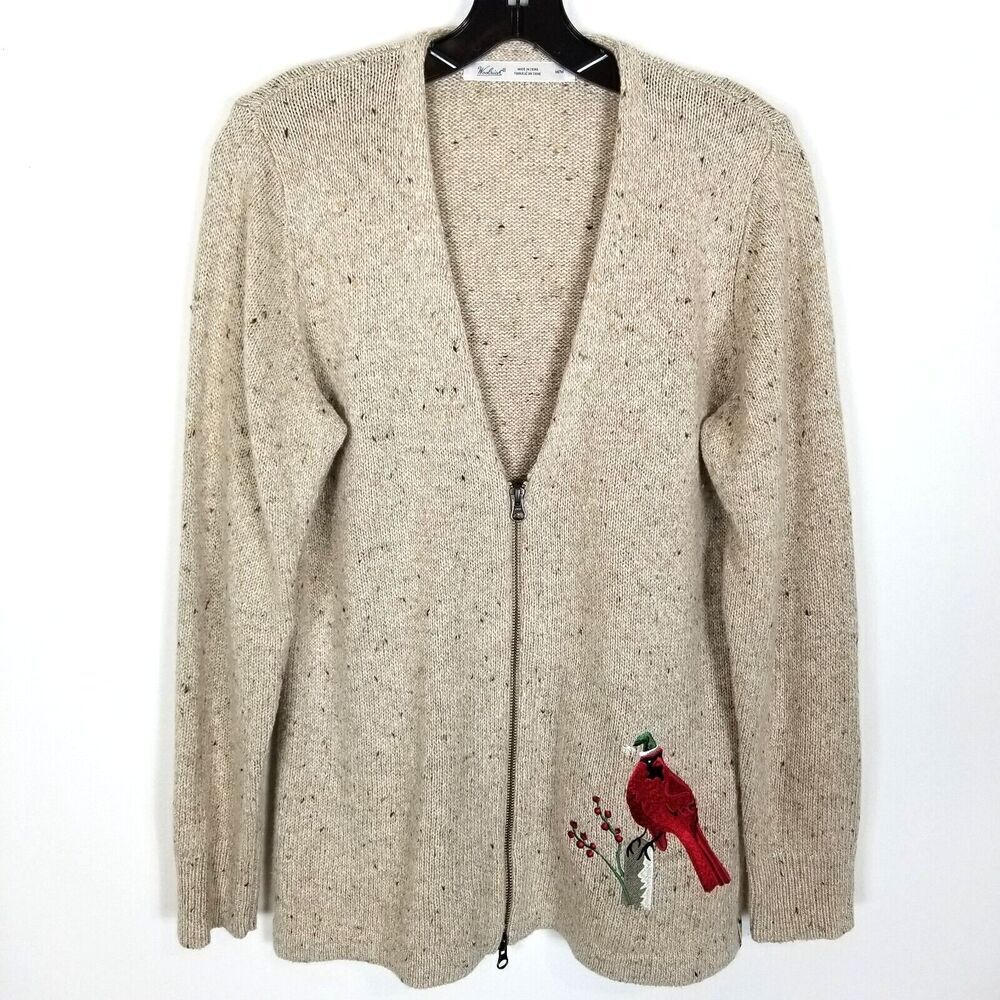 Woolrich Women Cardigan Stone‎ Heather Wool Blend Full Zip Cardigan Sweater Sz M